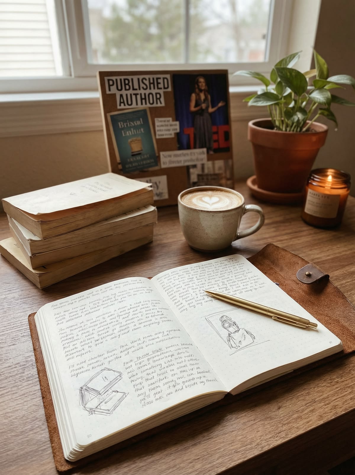 Book covers and blurb writing workspace